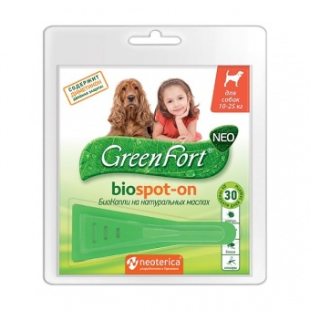 БиоКапли от клещей и насекомых GreenFort NEO для собак 10-25 кг, 1,5 мл фото, цены, купить