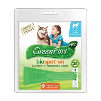 БиоКапли от клещей и насекомых GreenFort NEO, для собак более 25 кг, 2,5 мл фото, цены, купить